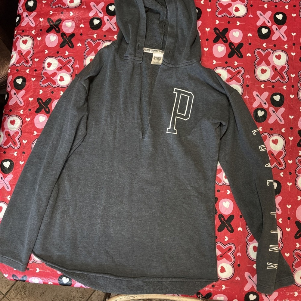 Pink VS Victoria's Secret Gray Pullover Sweater Long Sleeve Medium V Neck Hoodie
